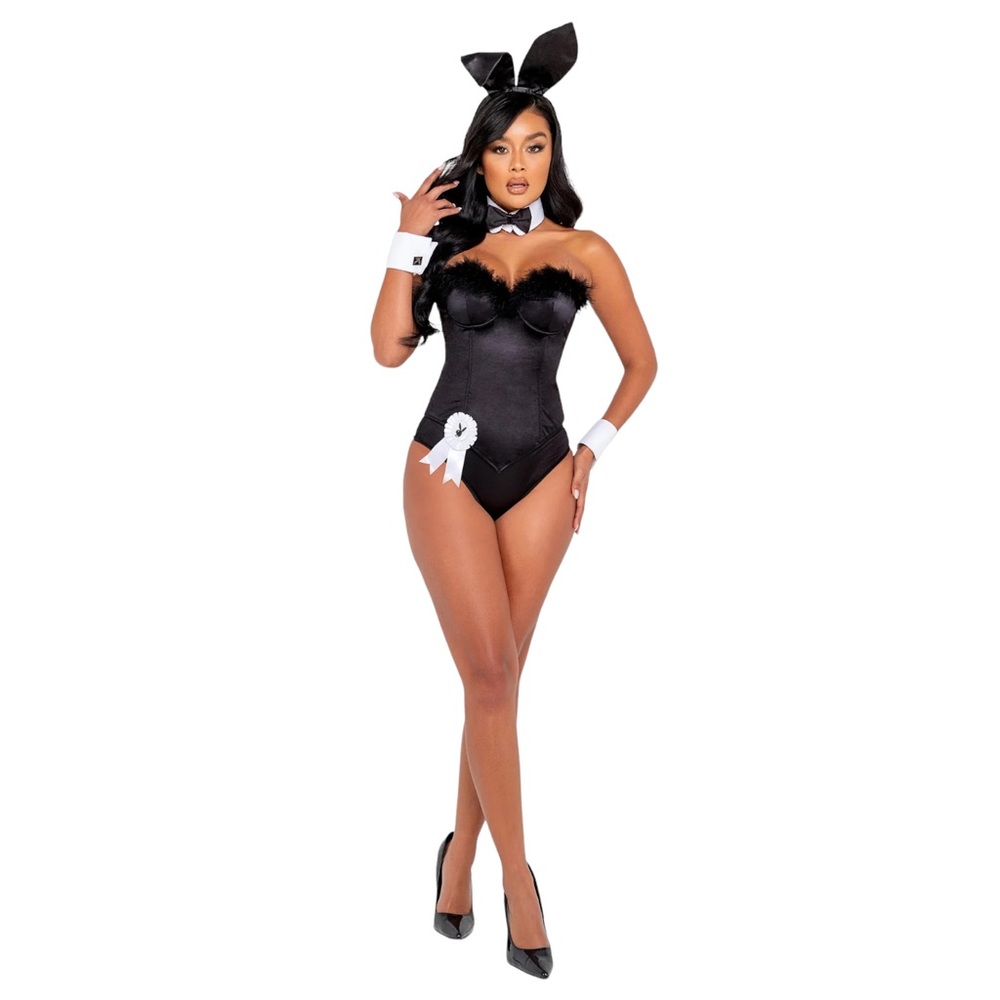 Roma Black Satin Feather-Trim Strapless Bunny Bodysuit